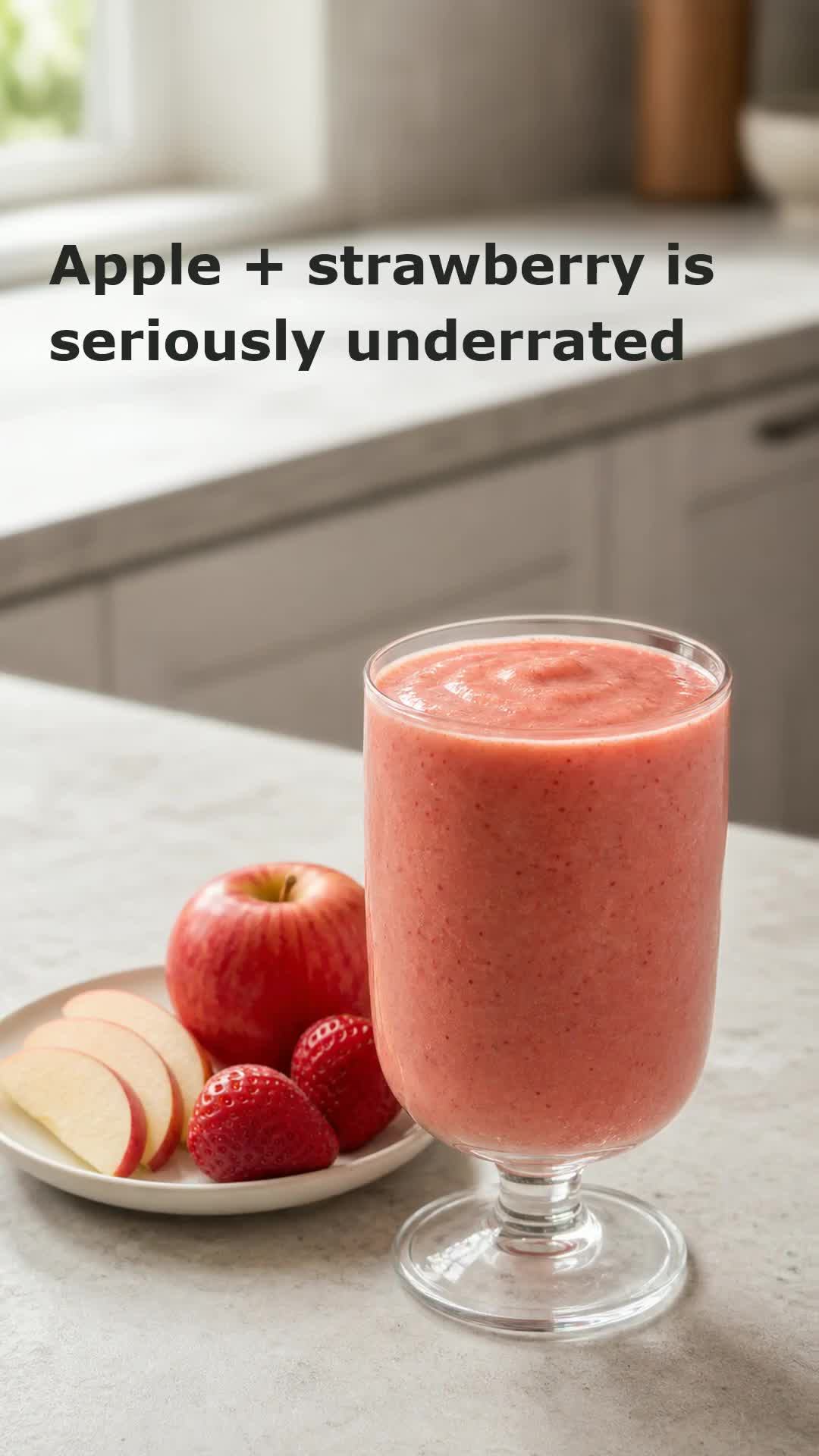 Cremiger Erdbeer-Apfel-Smoothie in einem hohen Glas